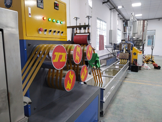 Đường dây đai đai PP có thể điều chỉnh tốc độ, đường dây sản xuất dây đai đóng gói PP, điều khiển màn hình cảm ứng PLC, đầu ra 150KG-600KG/h